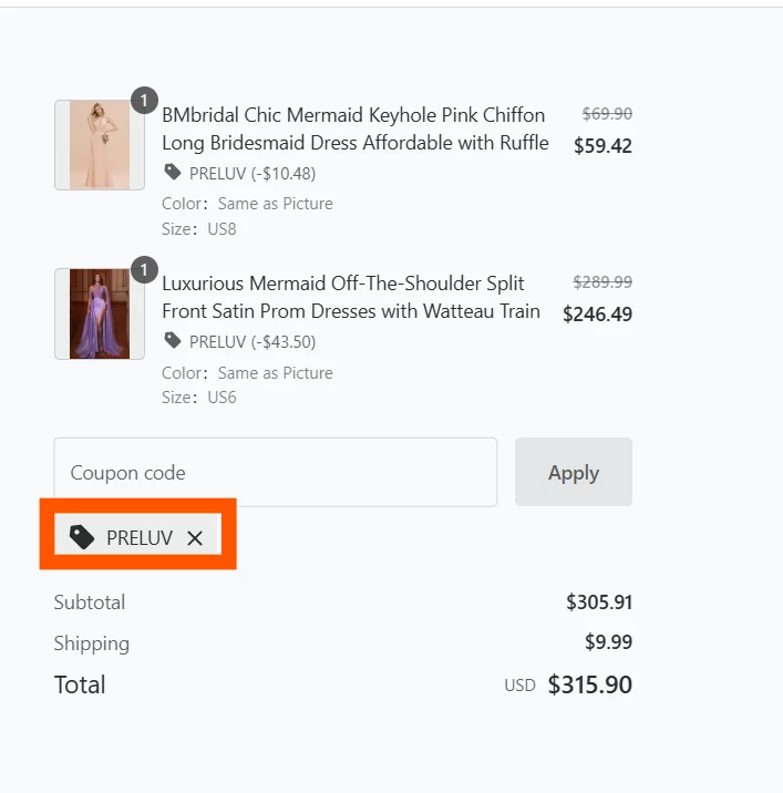 BM Bridal verified Coupon code PRELUV